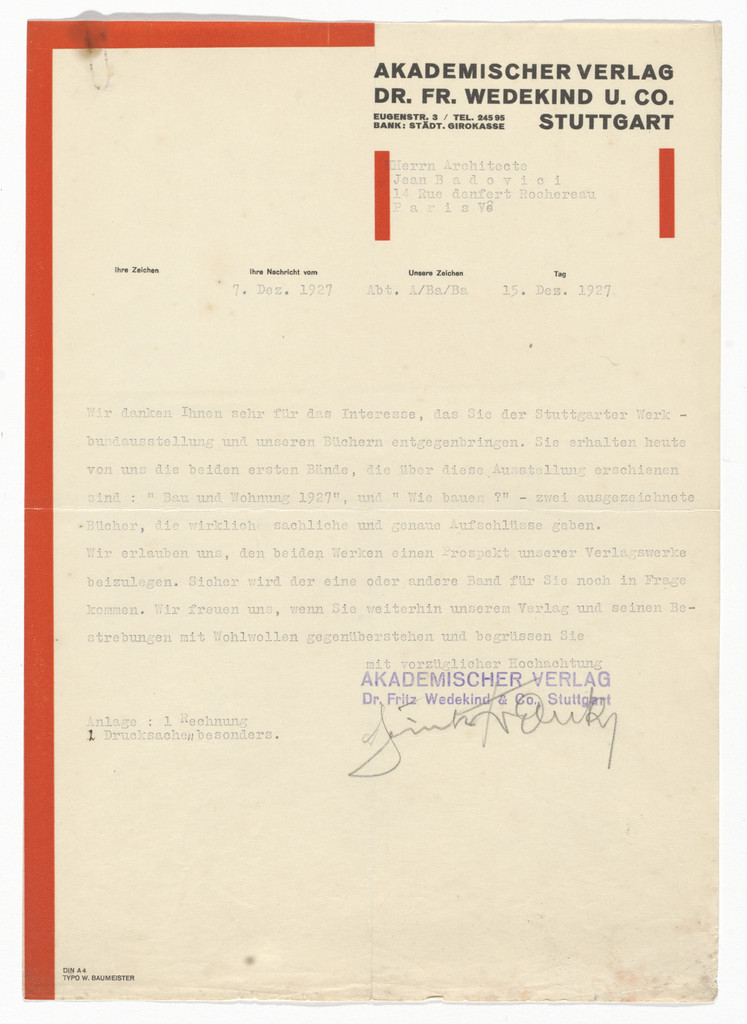 Akademischer Verlag Dr. Fr. Wedeking U. Co. letterhead (Letter to Jean Badovici)