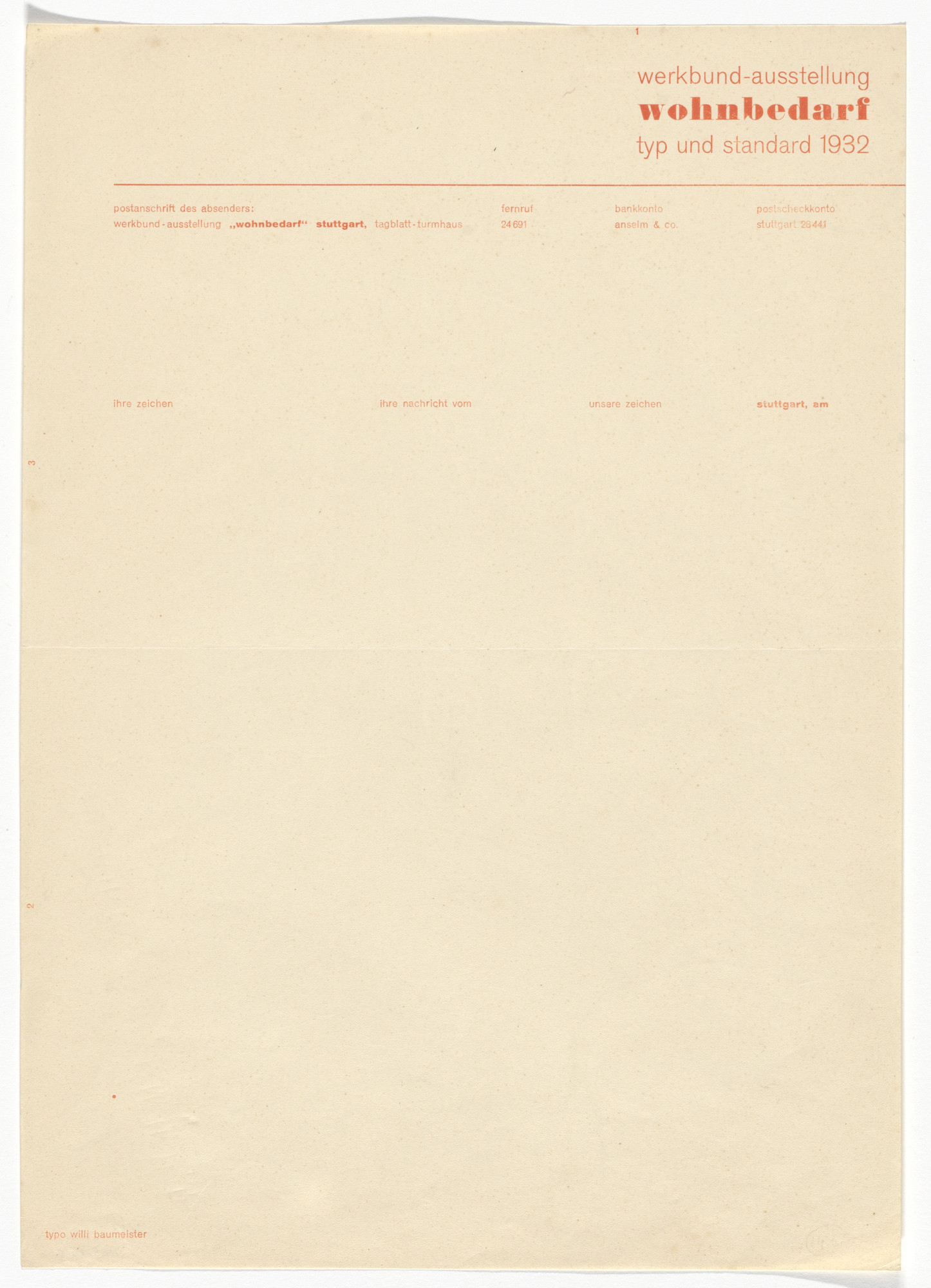 Willi Baumeister. Wohnbedarf letterhead
