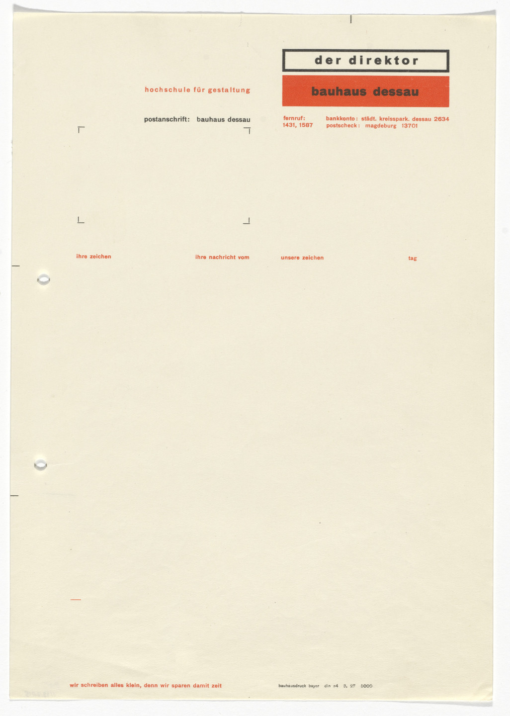 Herbert Bayer. Der Director Bauhaus Dessau letterhead. 1927