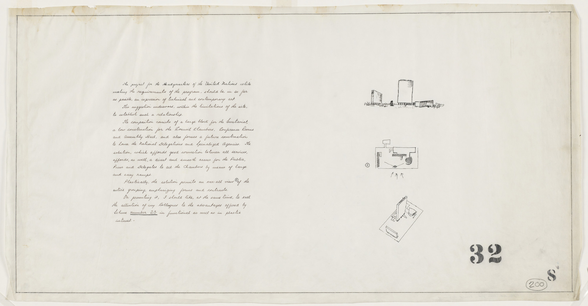 Oscar Niemeyer, Wallace K. Harrison, United Nations Headquarters Board of Design. Proposal for United Nations Headquarters (Scheme 32), New York, New York (Perspective, plan, and axonometric). 1947