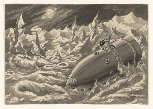 Drawing of Scene 10: Flight of the Rocket Shell into the Moon. Appearance of the Earth From the Moon of the 1902 film A Trip to the Moon (Le Voyage dans la lune)