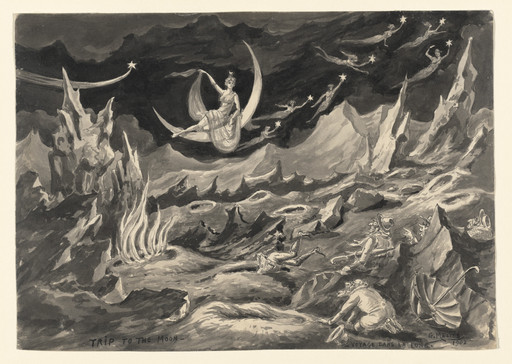 Drawing of Scene 12: The Dream: The Belies, The Great Bear, Phoebus, The Twin Stars, Saturn of the 1902 film A Trip to the Moon (Le Voyage dans la lune)