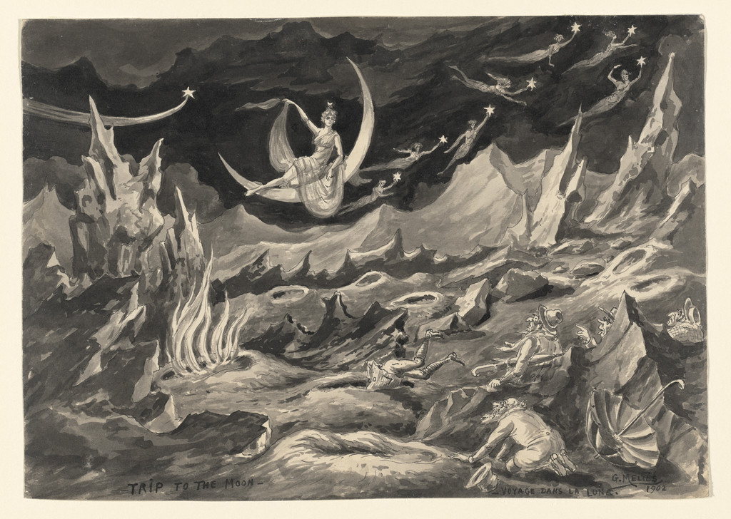 Drawing of Scene 12: The Dream: The Belies, The Great Bear, Phoebus, The Twin Stars, Saturn of the 1902 film A Trip to the Moon (Le Voyage dans la lune)