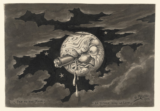 Drawing of Scene 9: Landing Right in the Moon's Eye!!! of the 1902 film A Trip to the Moon (Le Voyage dans la lune)