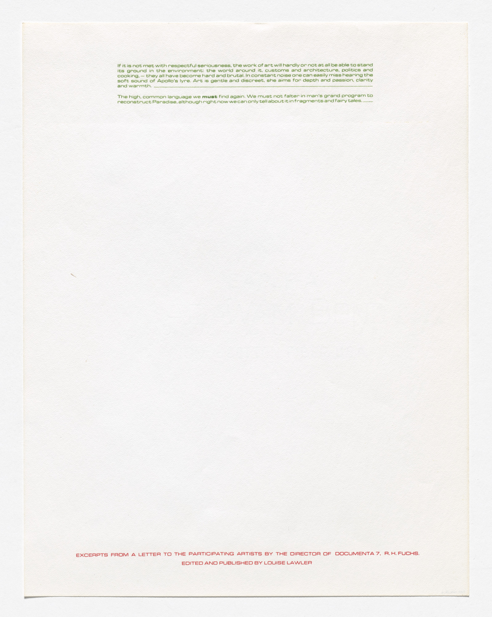 Louise Lawler. Stationery for Documenta 7: A Story, Kassel, Germany, June 19–September 28, 1982