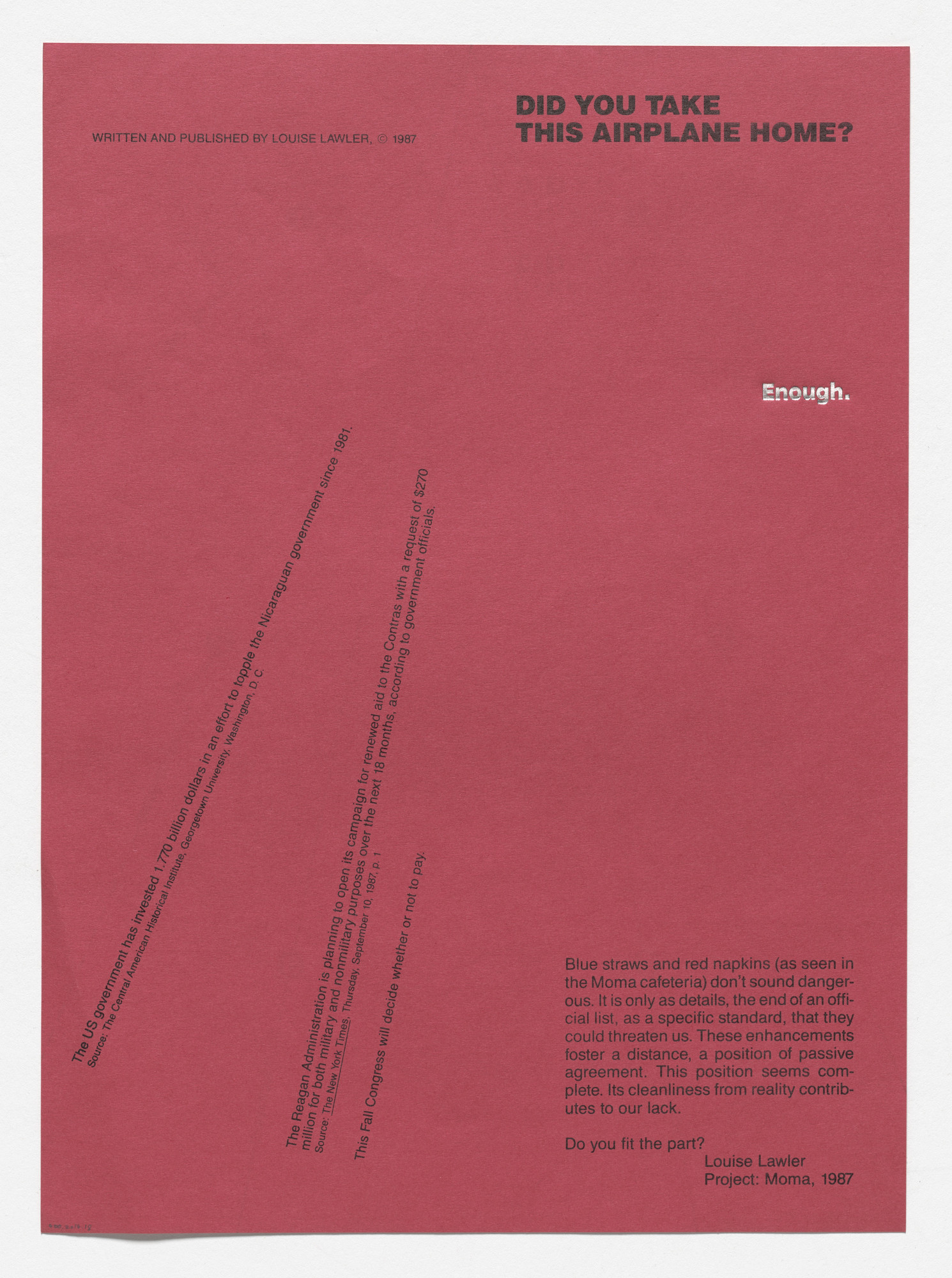 Louise Lawler. Exhibition brochure for Enough. Projects: Louise Lawler, The Museum of Modern Art, New York, September 19–November 10, 1987