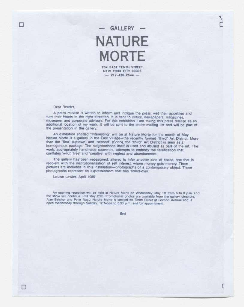 Press release for Interesting, Nature Morte, New York, April 1985