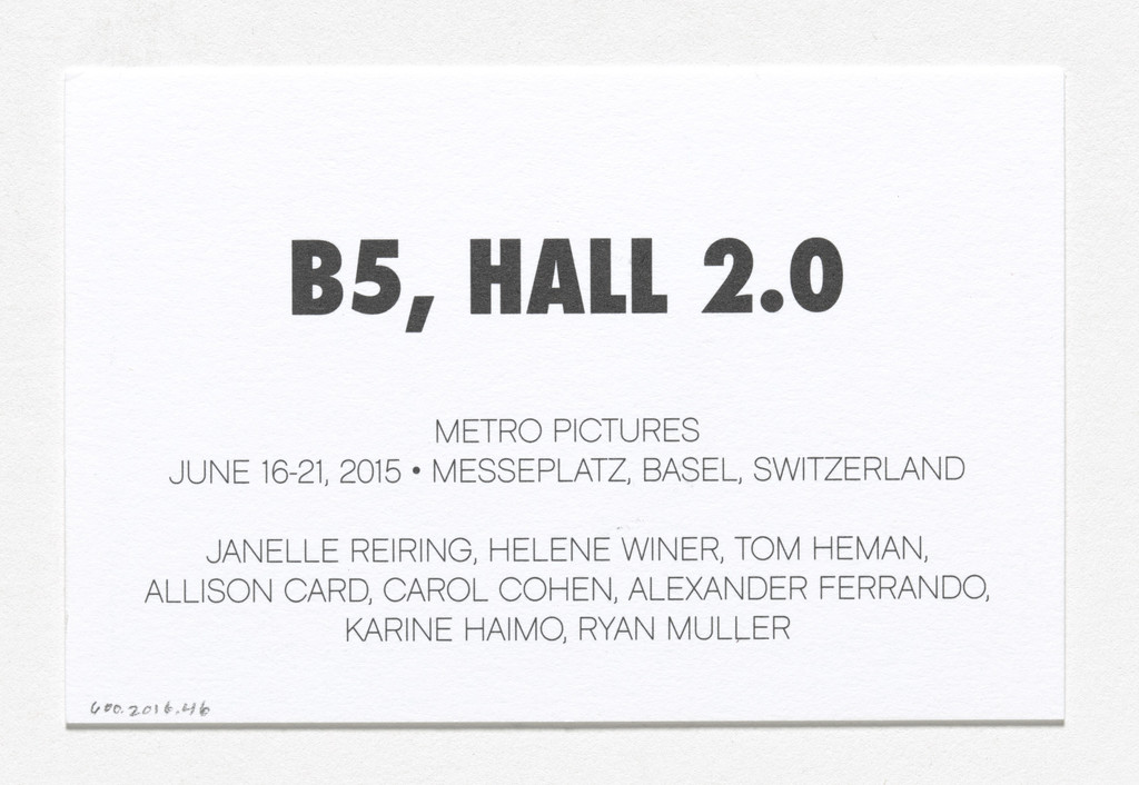 Business card for Metro Pictures, Art Basel, Basel, Switzerland, June 16–21, 2015