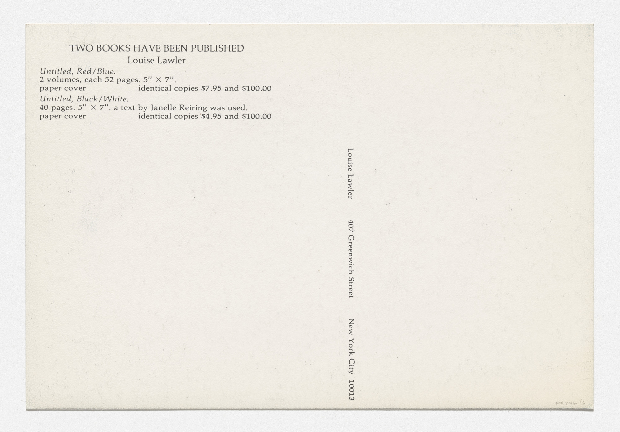 Louise Lawler. Postcard and announcement for Untitled, Red/Blue and Untitled, Black/White. 1978