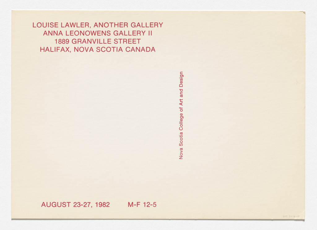 Announcement card for Another Gallery, Anna Leonowens Gallery II, Nova Scotia College of Art and Design, Halifax, August 23–27, 1982