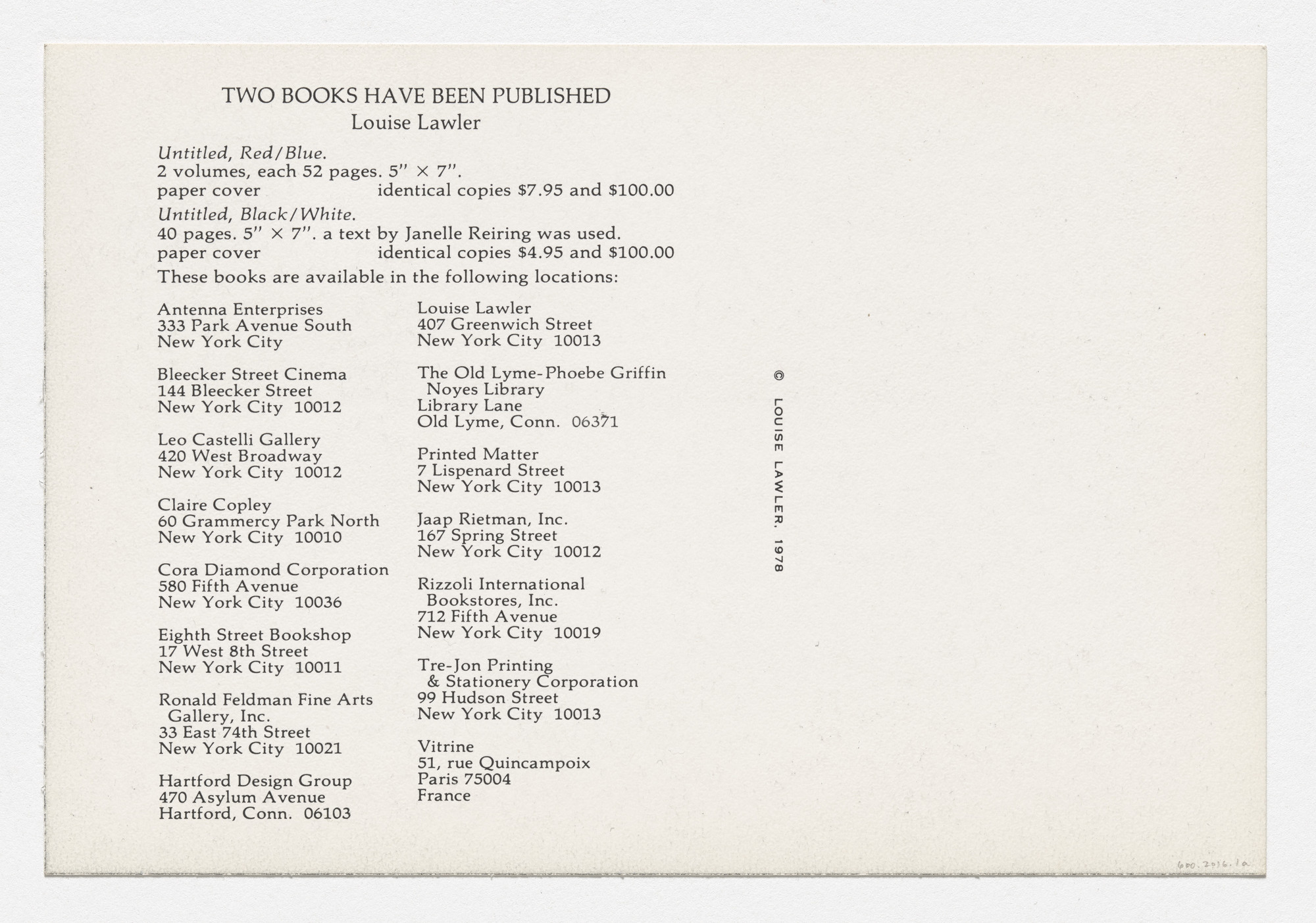 Louise Lawler. Postcard and announcement for Untitled, Red/Blue and Untitled, Black/White. 1978