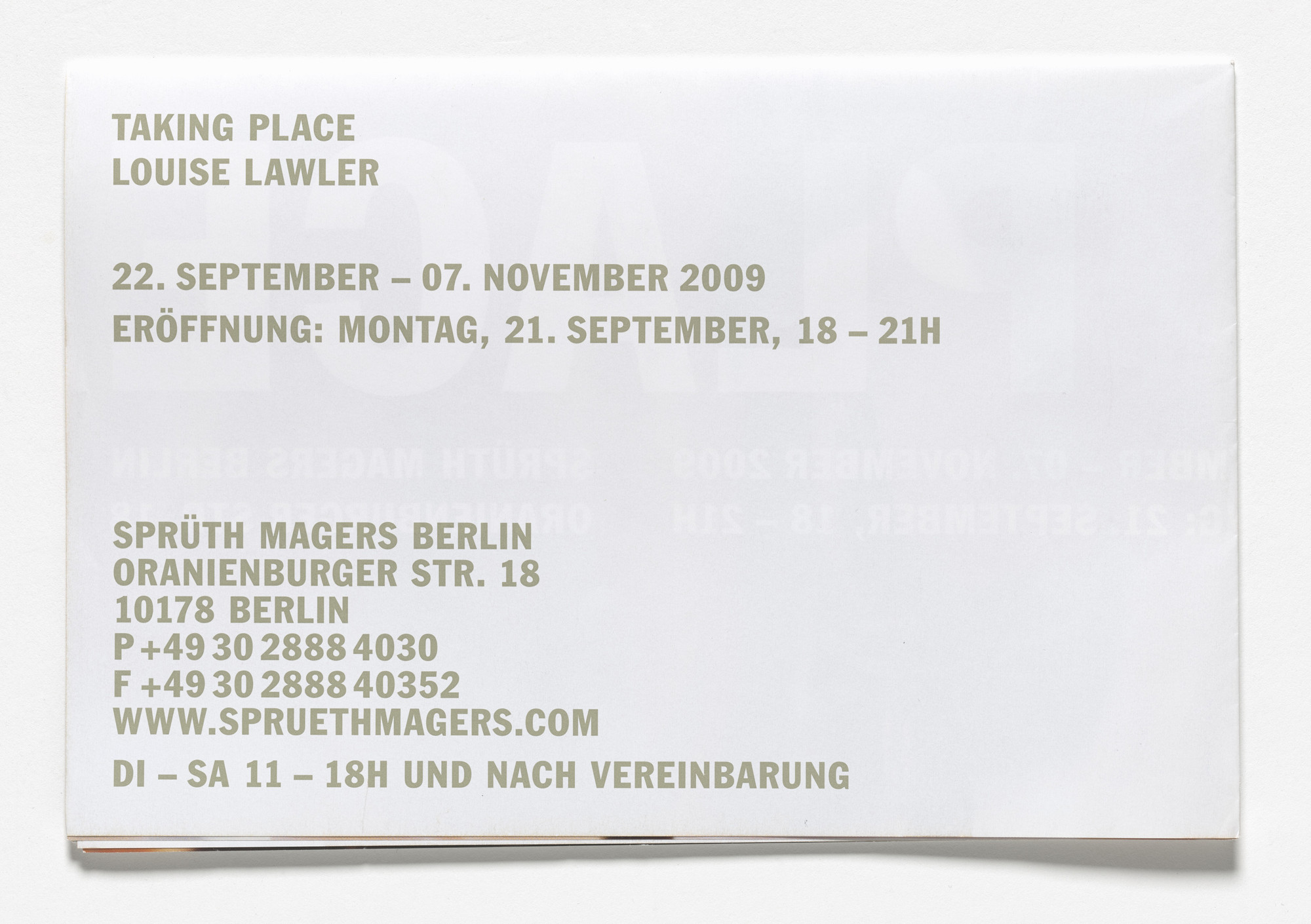 Louise Lawler. Poster for Taking Place, Sprüth Magers, Berlin, September 22–November 7, 2009