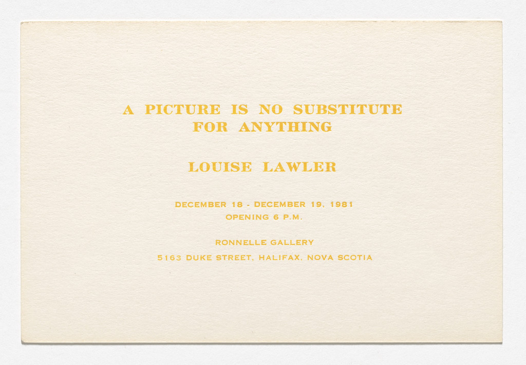 Announcement card for A Picture Is No Substitute for Anything, Ronnelle Gallery, Halifax, December 18–19, 1981