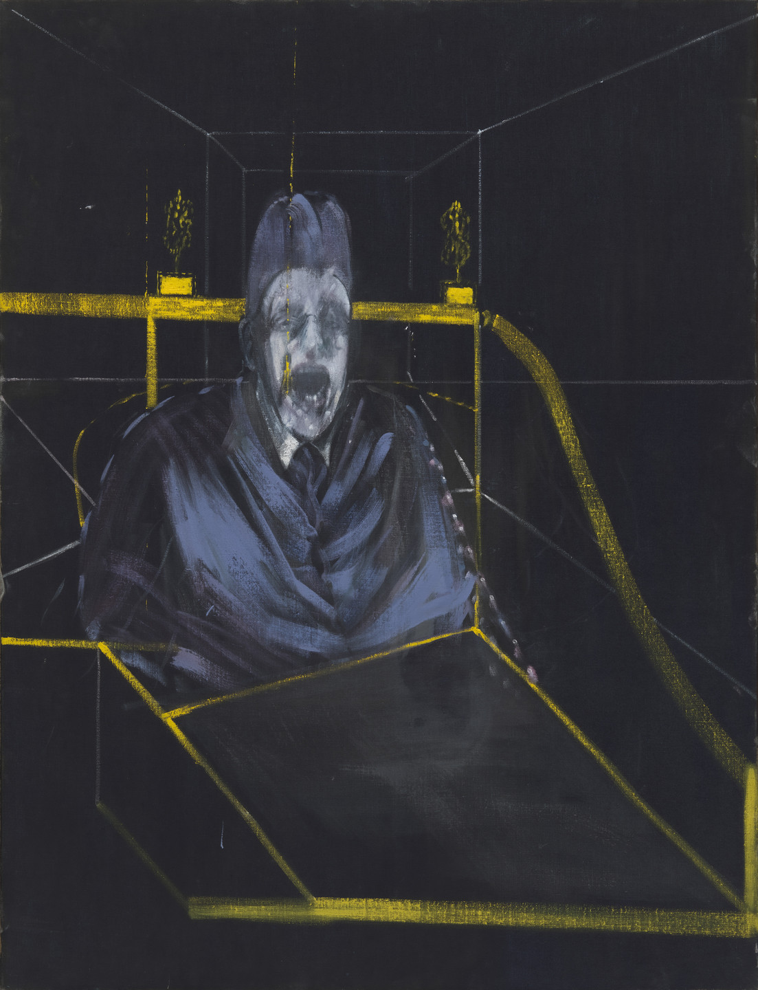 A dark image shows a figure with a distorted face, wearing draped clothing. The background includes yellow outlines of geometric shapes and small statues on a shelf. This is an AI generated description. To give feedback, email ai@moma.org.