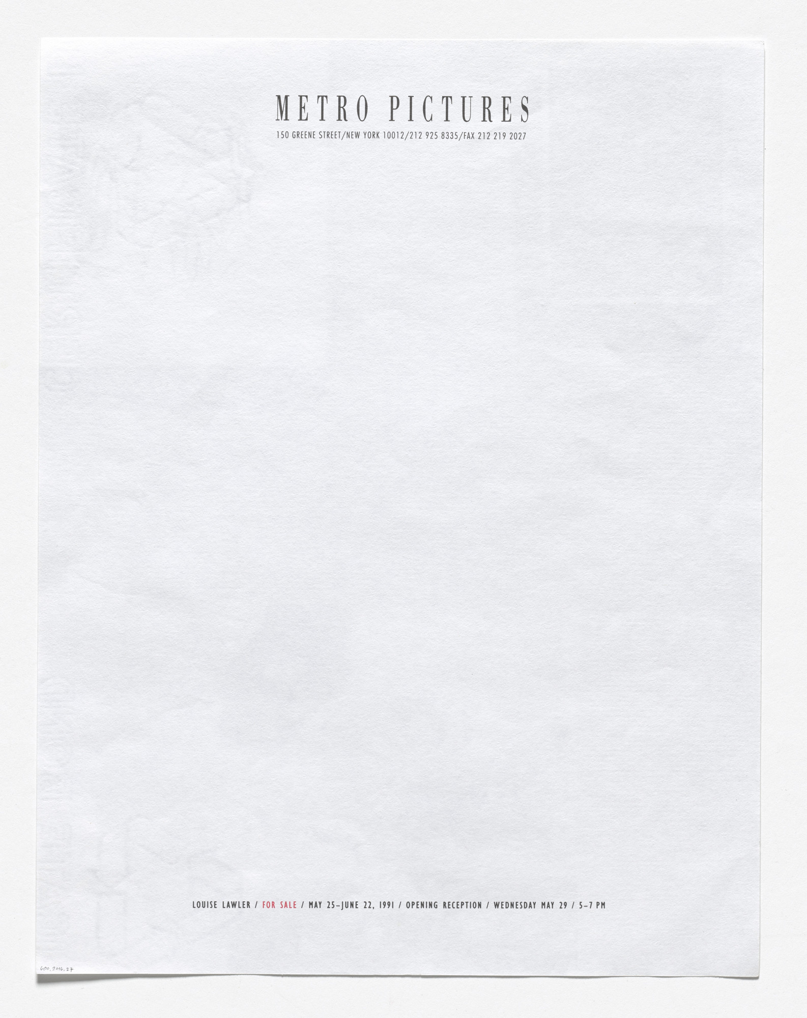 Louise Lawler. Stationery for For Sale , Metro Pictures, New York, May 25–June 22, 1991