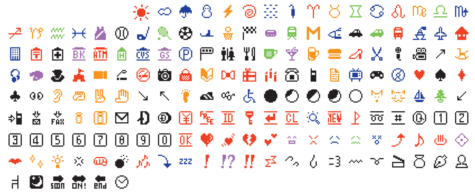 The image contains rows of various colorful icons, including symbols, objects, and signs, in red, blue, green, orange, purple, and black. Icons include items like arrows, hearts, clocks, and animals. This is an AI generated description. To give feedback, email ai@moma.org.