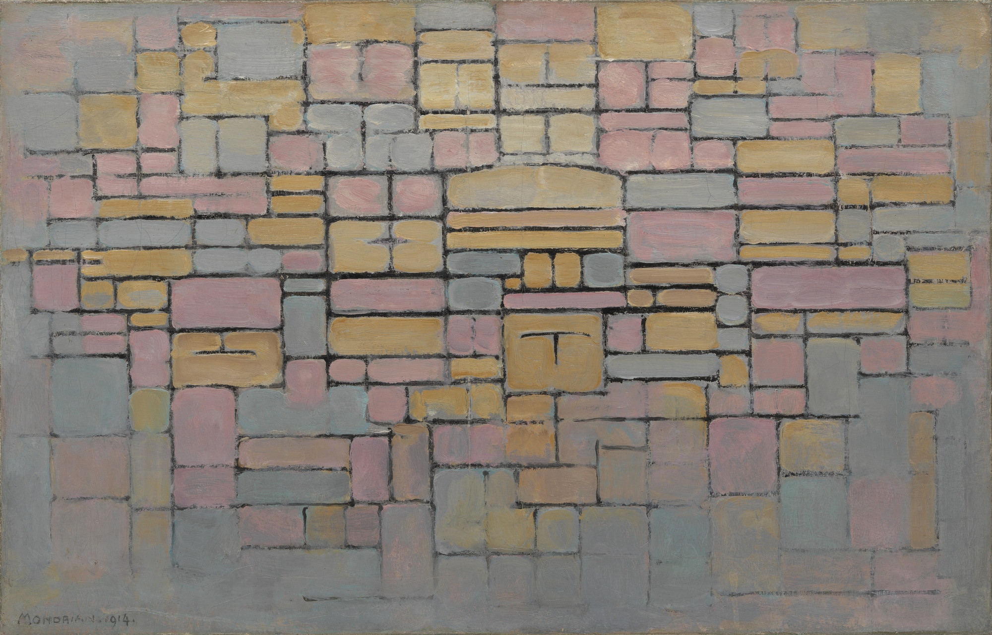 The image shows a grid of rectangles and squares in muted tones of pink, gray, and yellow, with black lines separating the shapes. The colors are softly blended and vary in size across the canvas. This is an AI generated description. To give feedback, email ai@moma.org.