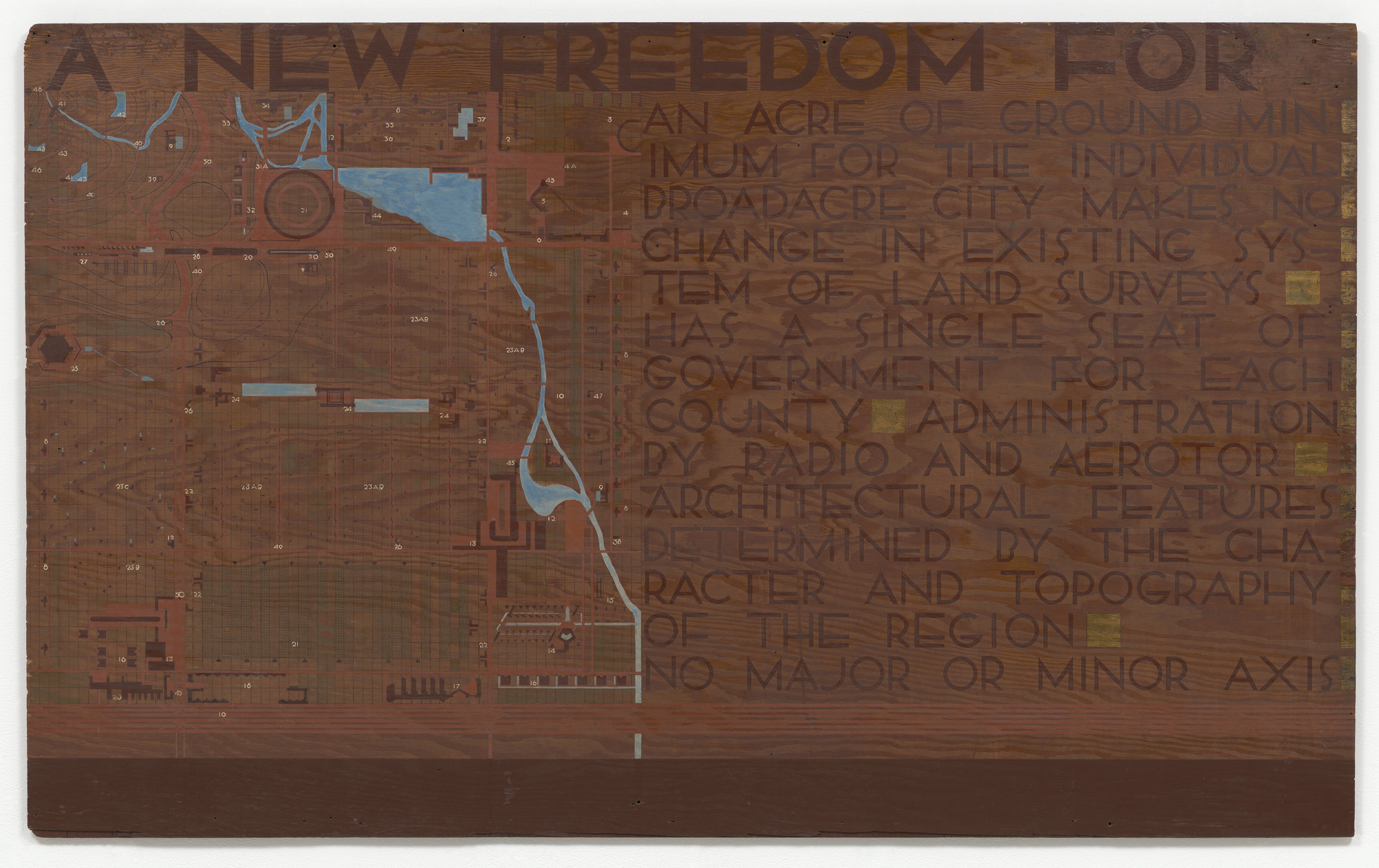 The image shows a map-like layout with brown as the predominant color and highlights of blue, white, and red. Overlaid text reads "A New Freedom for..." followed by additional words in a dark brown font. This is an AI generated description. To give feedback, email ai@moma.org.