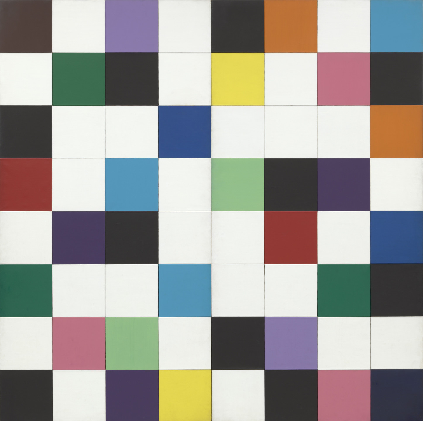 The image features a grid of 72 squares with various colors including white, black, green, red, blue, yellow, purple, pink, orange, and light blue. The squares are arranged randomly creating a colorful mosaic pattern on a white background. This is an AI generated description. To give feedback, email ai@moma.org.