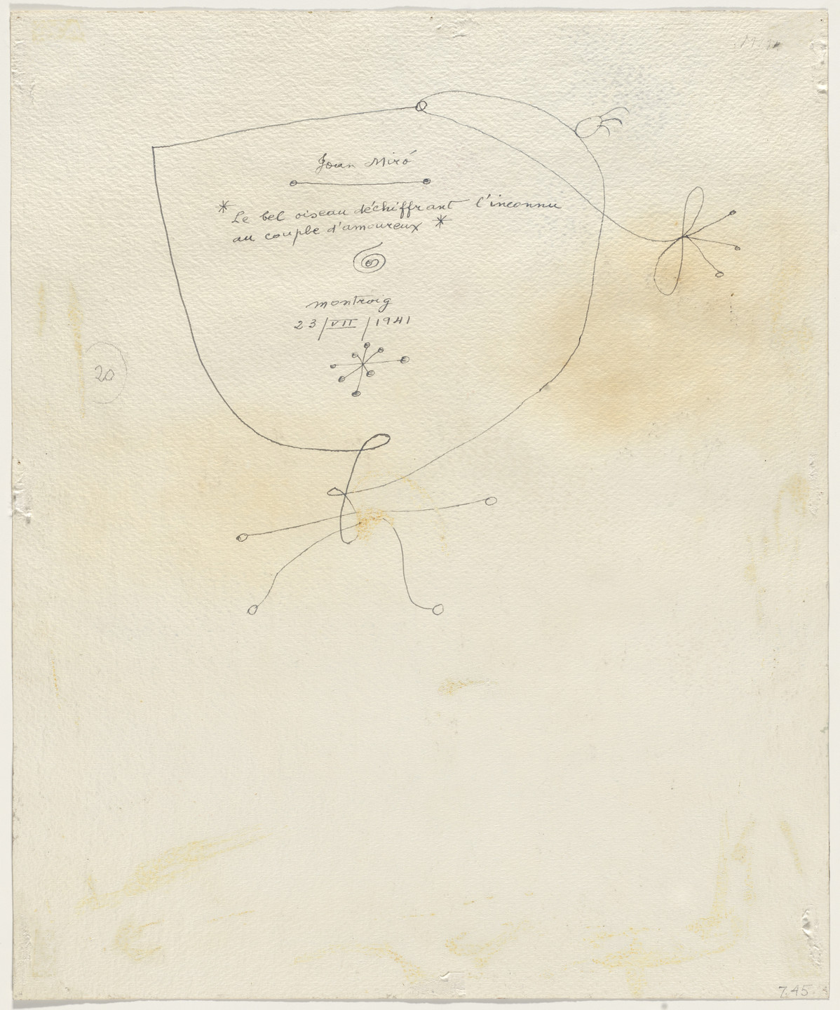 Joan Miró. The Beautiful Bird Revealing the Unknown to a Pair of Lovers (Le Bel oiseau déchiffrant l'inconnu au couple d'amoureux) (from the Constellation series). 1941