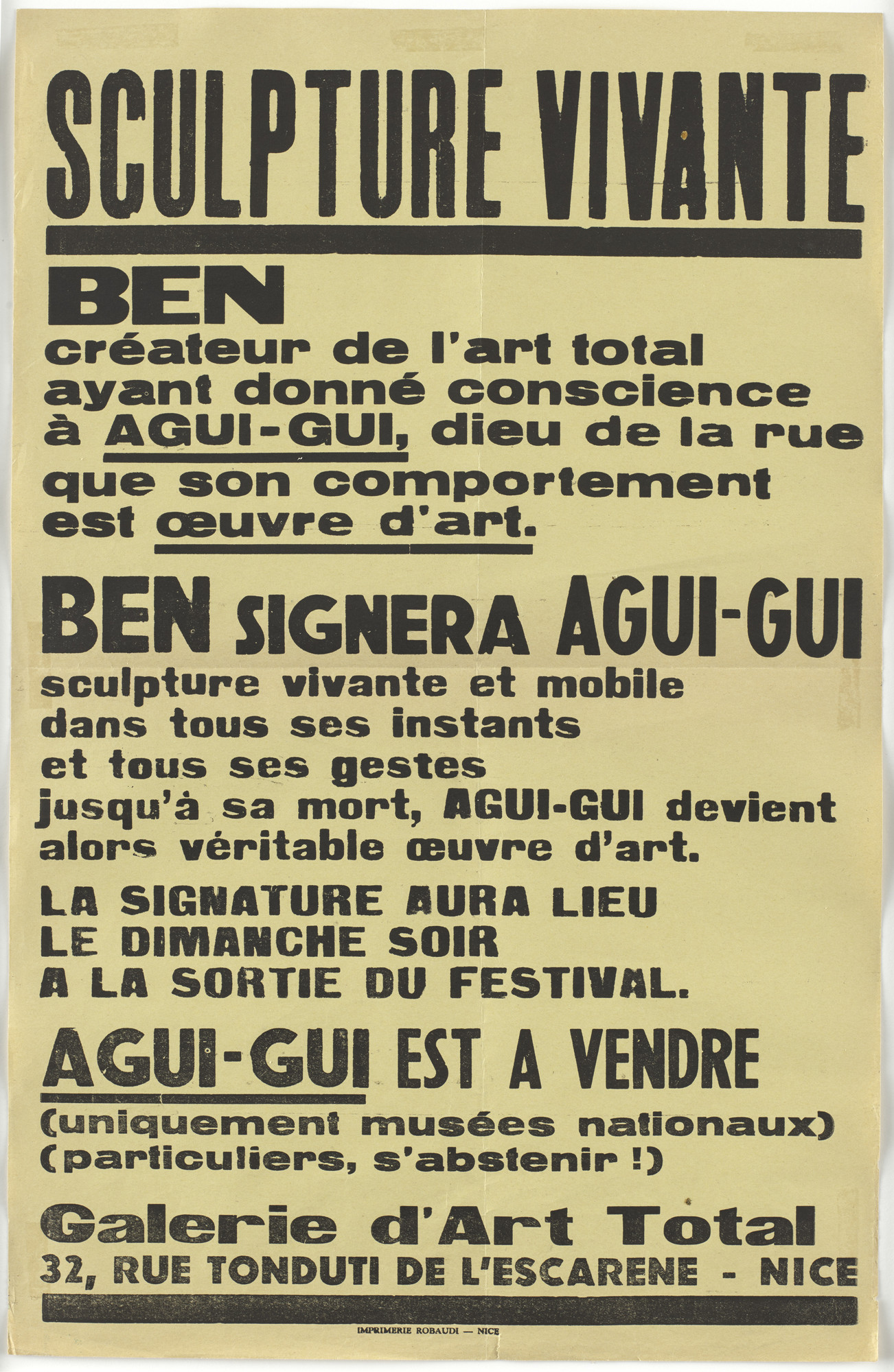 Ben Vautier. Poster for Sculpture vivante, Galerie d'Art Total, Nice
