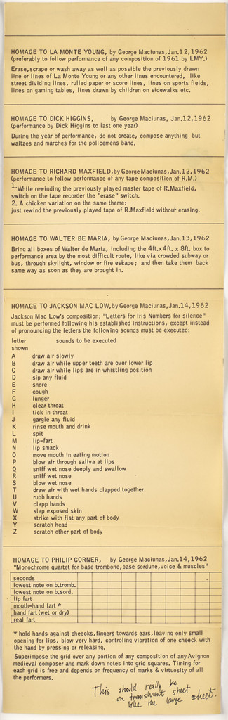 Homage to La Monte Young, Homage to Dick Higgins, Homage to Richard Maxfield, Homage to Walter de Maria, Homage to Jackson Mac Low, and Homage to Philip Corner