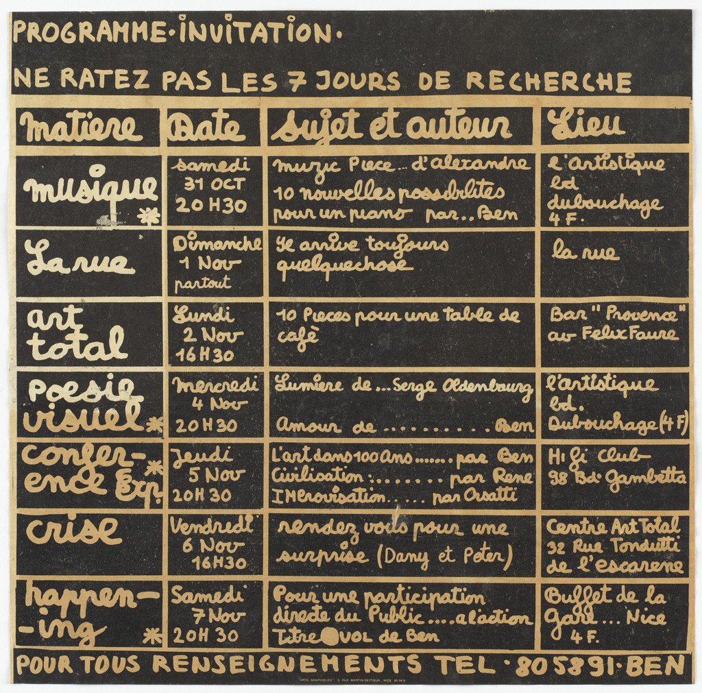 Program and invitation for Les Sept jours de recherche, Nice, October 31–November 7, 1964