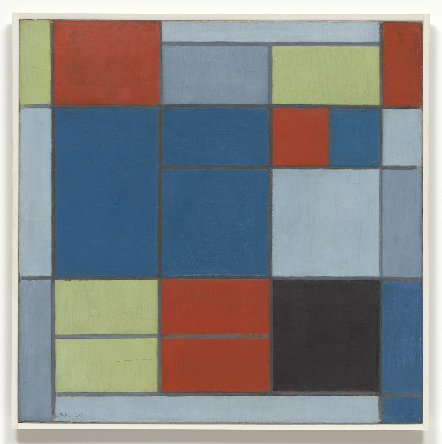 A grid of variously sized rectangles and squares in red, blue, light green, black, and light grey, outlined in grey lines, creating a geometric pattern. The largest shapes are primarily in blue and red. This is an AI generated description. To give feedback, email ai@moma.org.