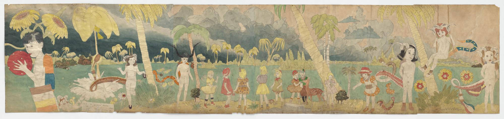 Henry Darger. At Jennie Richee At shore of Aronburg Run River... (recto); Untitled (Girl swinging on vine) (verso). n.d.