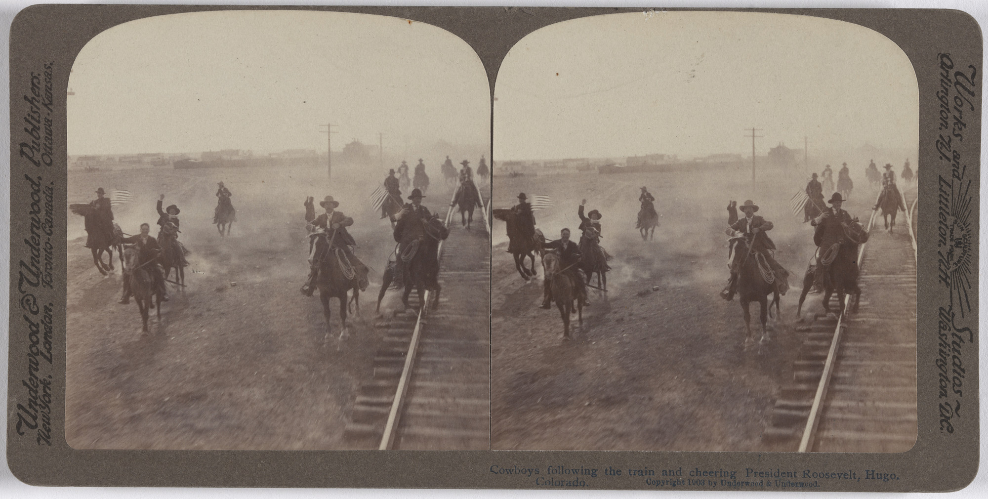 Underwood and Underwood. Cowboys Following the Train and Cheering President Roosevelt, Hugo, Colorado. 1903