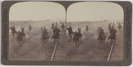 Underwood and Underwood. Cowboys Following the Train and Cheering President Roosevelt, Hugo, Colorado. 1903