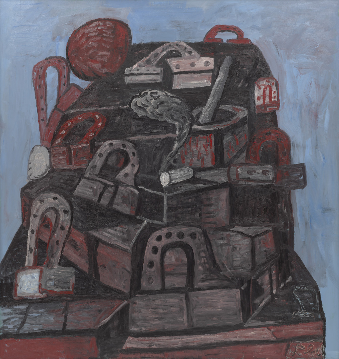 The image features various dark structural shapes with arch-like forms and protrusions, primarily in black, red, and gray against a blue background. A round red object and a coiled, cylindrical shape are also present. This is an AI generated description. To give feedback, email ai@moma.org.