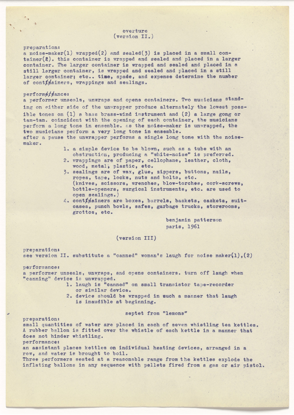 A typed document with black text on yellowed paper describes preparations and performances for musical pieces involving unwrapping, noise-makers, laughing devices, and whistling tea kettles. Mechanical and household items are mentioned as part of the performance process. This is an AI generated description. To give feedback, email ai@moma.org.
