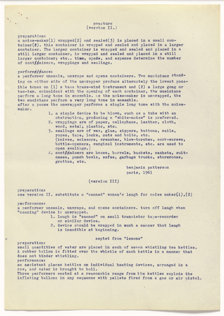 Overture (Version II), Overture (Version III), and Septet from "Lemons" by Benjamin Patterson