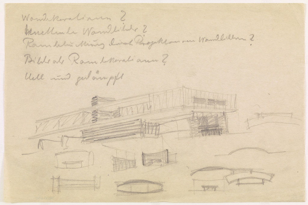 Resor House project, Jackson Hole, Wyoming (Exterior perspective. Fireplace. Perspectives, plans, section)