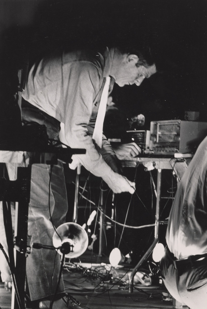 John Cage performing Variations VII, during 9 Evenings of Art & Engineering, 69th Regiment Armory, New York, October 15, 1966