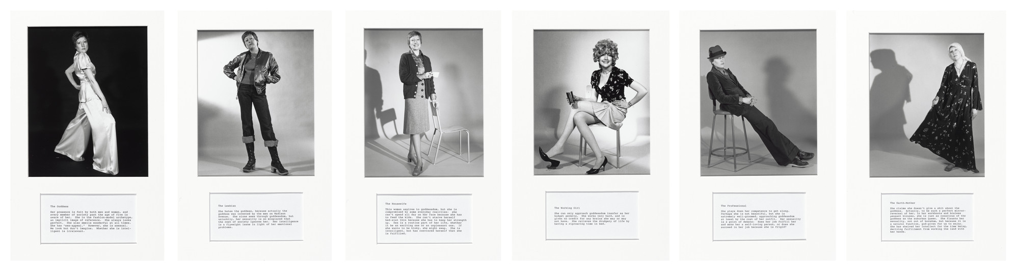 The image shows six black-and-white photographs of individuals, each posing differently in varying attire, accompanied by a block of text below each image. The backgrounds are plain, with shadows cast behind the subjects. This is an AI generated description. To give feedback, email ai@moma.org.