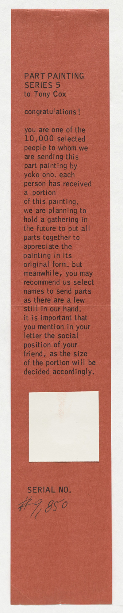 Yoko Ono. Part Painting/Series 5/to Tony Cox