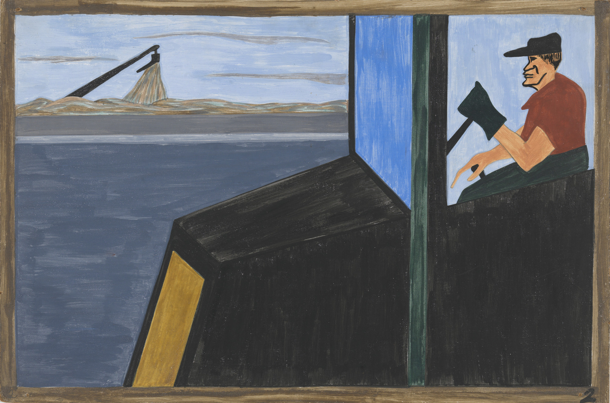 A person with a red shirt and black cap is seated on the right side inside a blue and black compartment holding a lever. To the left are a body of water and a distant landscape with a crane. This is an AI generated description. To give feedback, email ai@moma.org.