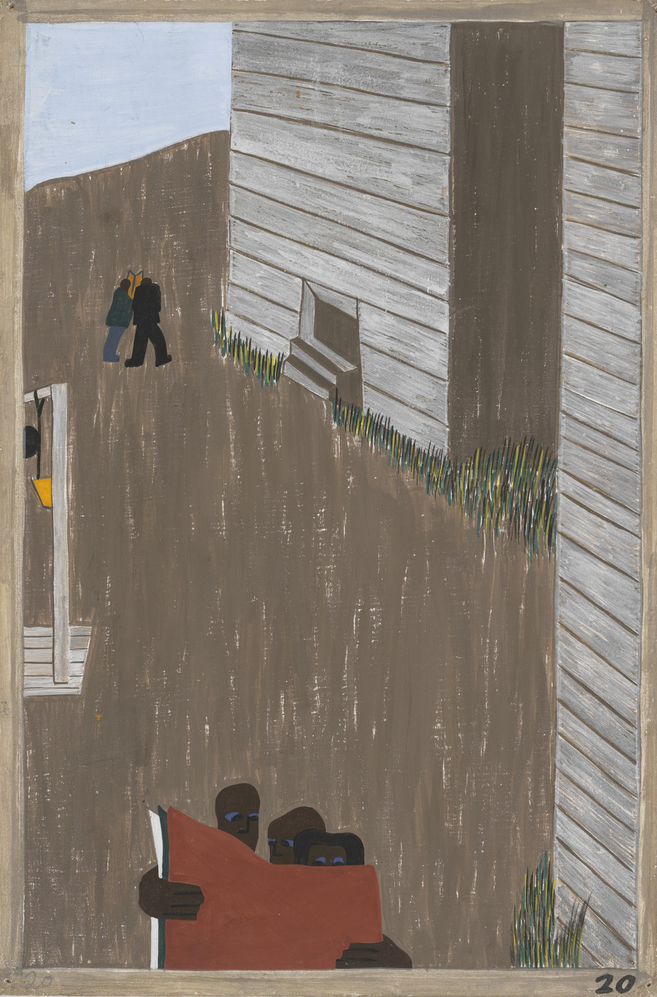 The image features a predominantly brown background with gray buildings. Three individuals are reading a red book in the foreground, while two others are walking in the background near a gray structure with green and yellow grass. This is an AI generated description. To give feedback, email ai@moma.org.