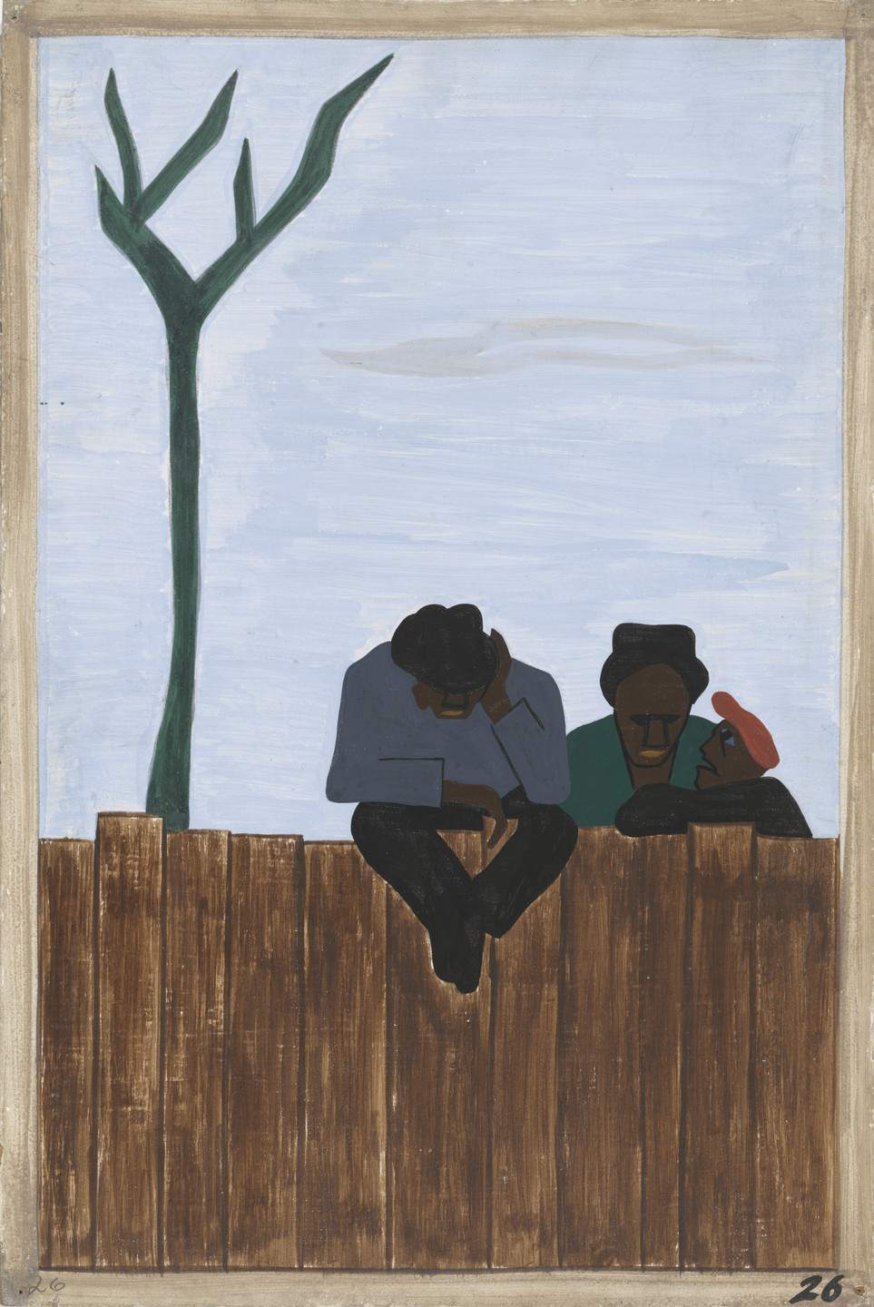 A person in a blue coat sits on a brown wooden fence with their head resting on their hand, while two others lean next to them. A green tree with no leaves stands against a light blue sky in the background. This is an AI generated description. To give feedback, email ai@moma.org.