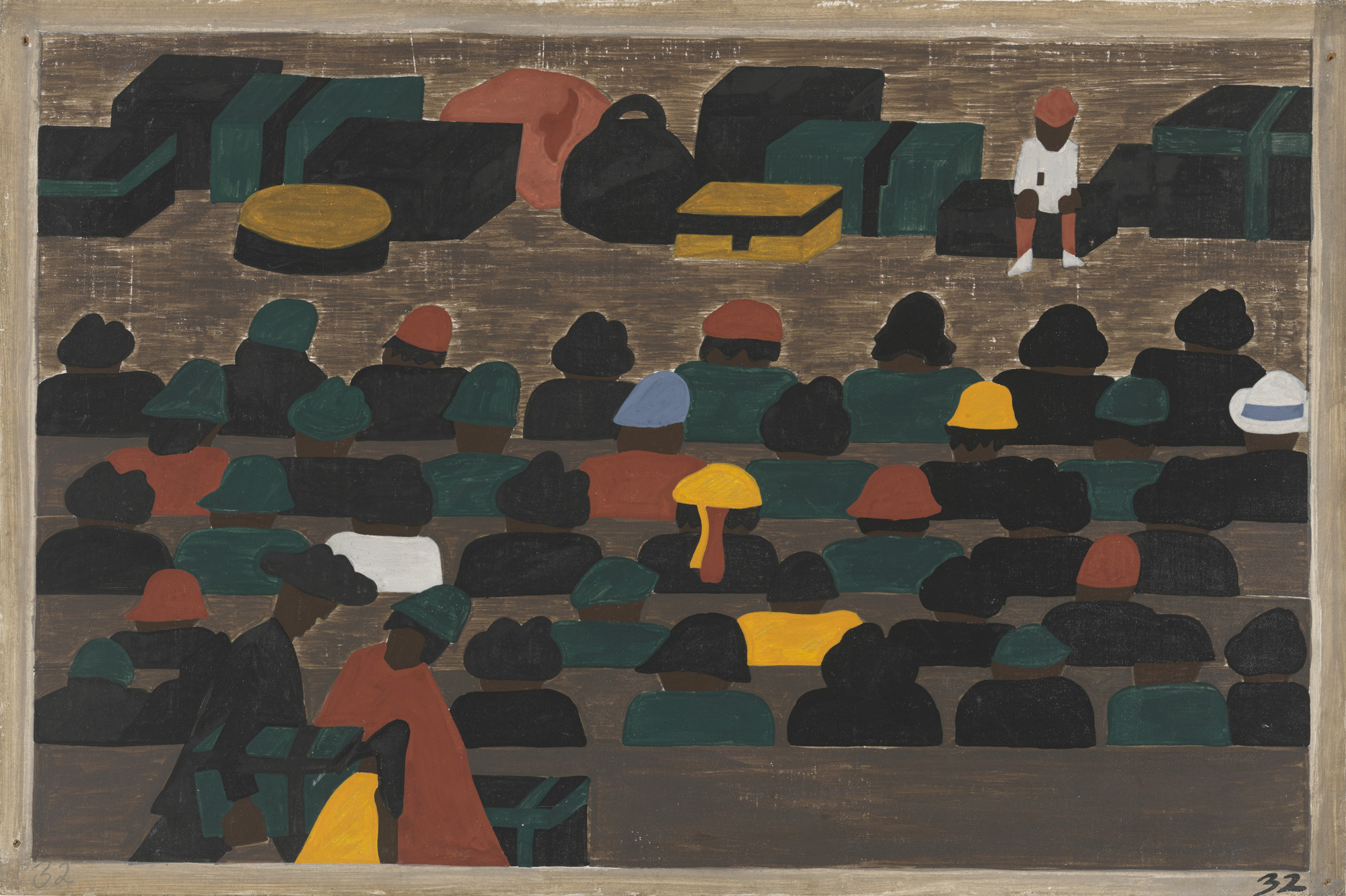 The image shows a group of people with diverse hat colors, such as yellow, red, and green, sitting and facing away. In the background, there are green and black luggage items against a brown backdrop. This is an AI generated description. To give feedback, email ai@moma.org.
