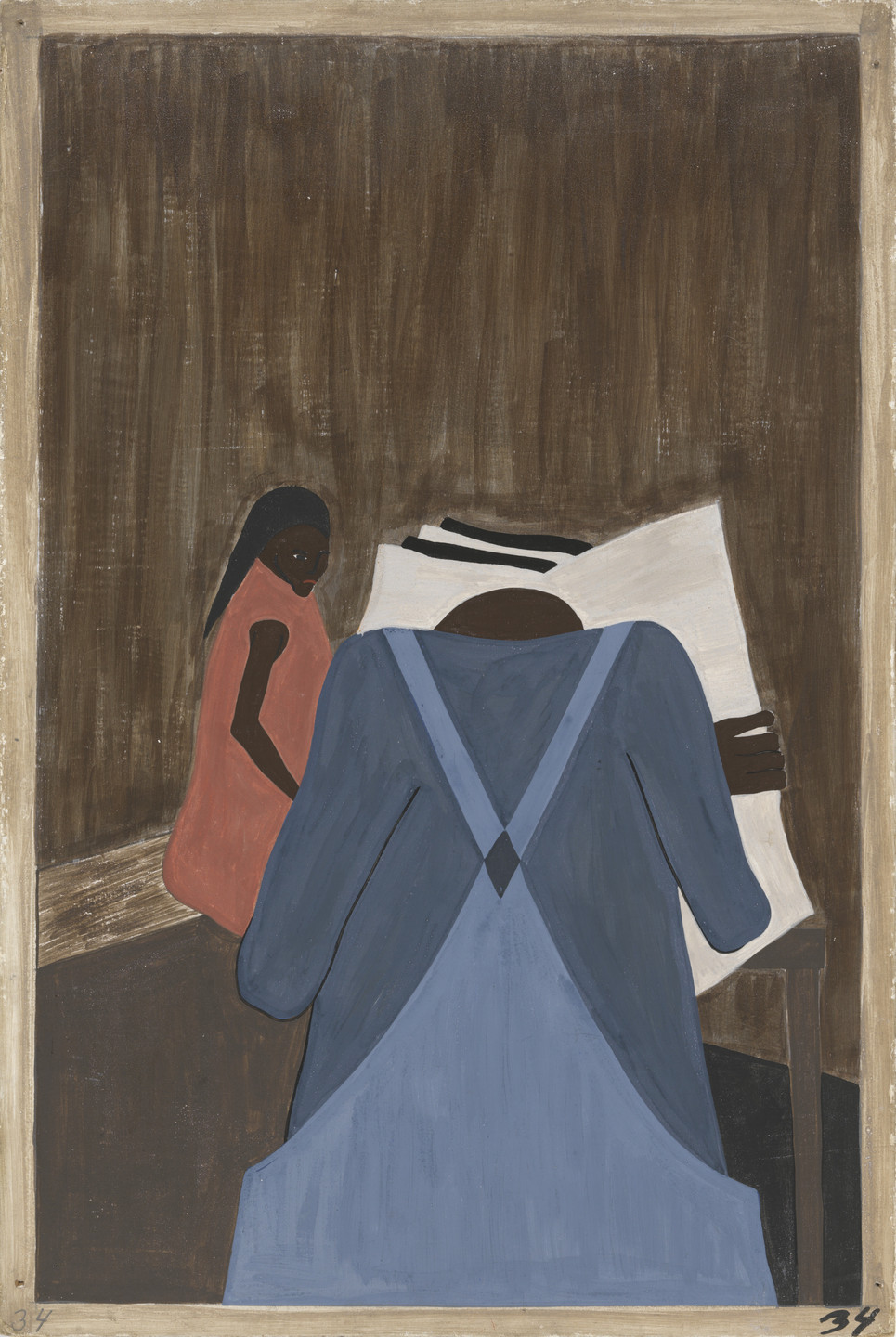 The image depicts a person in blue overalls reading a newspaper and facing away from the viewer, with a person in a red dress standing to the left. The background is predominantly brown. This is an AI generated description. To give feedback, email ai@moma.org.