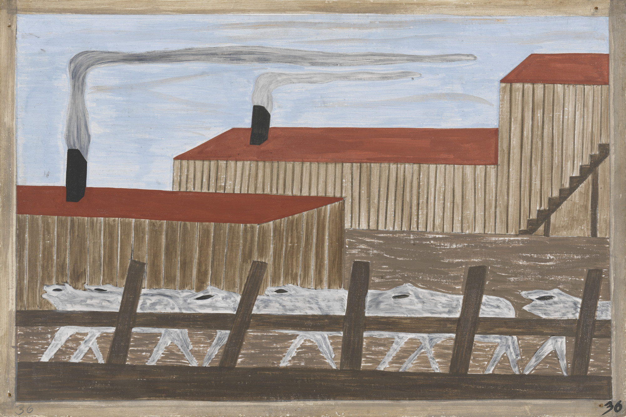 The image depicts wooden barns with red roofs and black smokestacks emitting gray smoke under a light blue sky. In the foreground, there are white animals behind a wooden fence. This is an AI generated description. To give feedback, email ai@moma.org.