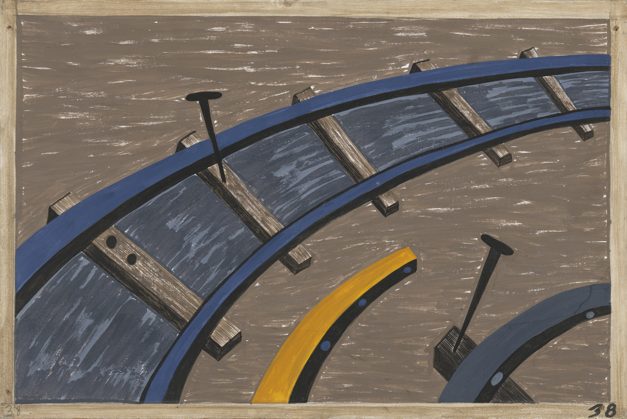 The image depicts several curved, blue, metallic segments with wooden supports and large black nails on a textured brown background. In the lower section, there is an arc painted in bright yellow. This is an AI generated description. To give feedback, email ai@moma.org.
