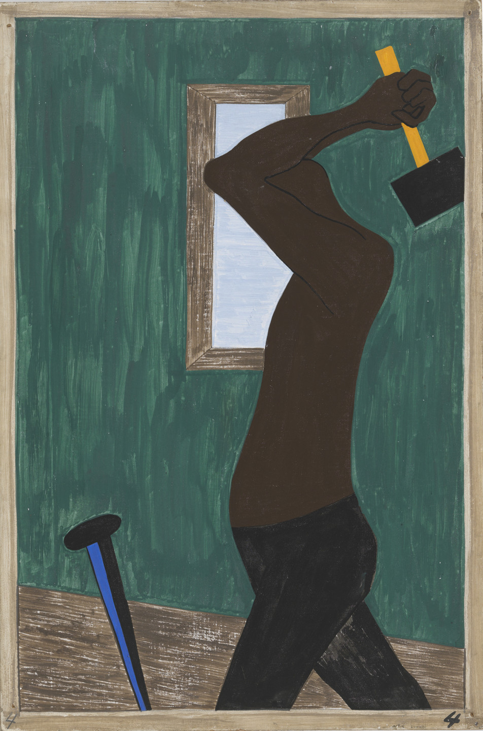 A figure with dark skin and black pants is raising a hammer with a yellow handle against a green background with a brown-framed rectangular window. A large black nail with a blue stripe is angled into a brown floor. This is an AI generated description. To give feedback, email ai@moma.org.