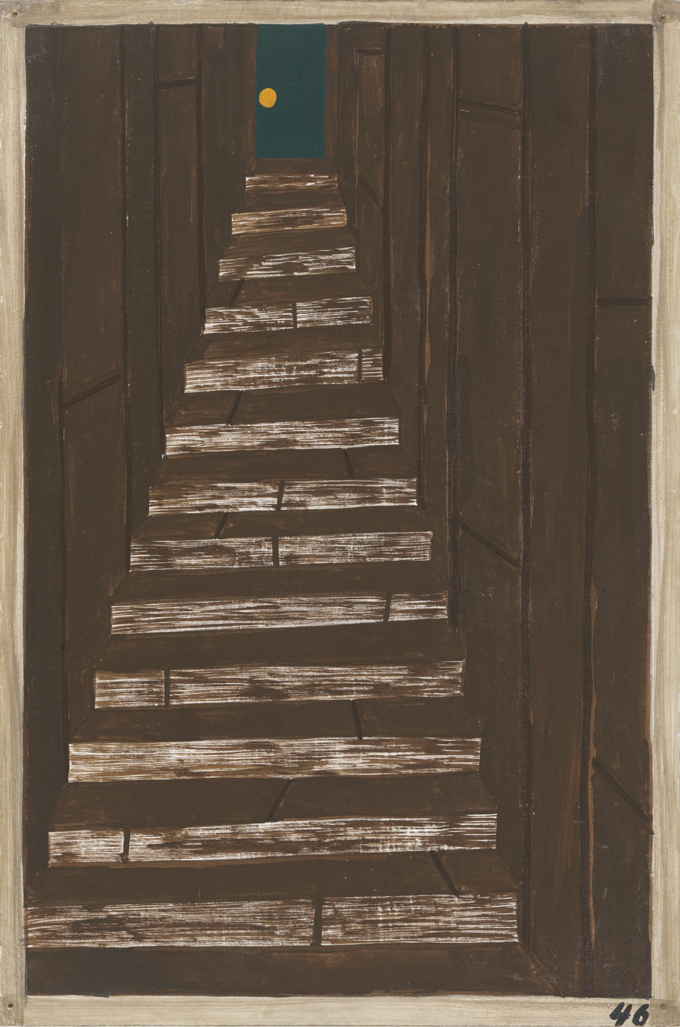 The image shows a brown, wooden staircase leading upwards towards a partially open green door with a yellow circle at the top. The surrounding walls are also brown. This is an AI generated description. To give feedback, email ai@moma.org.
