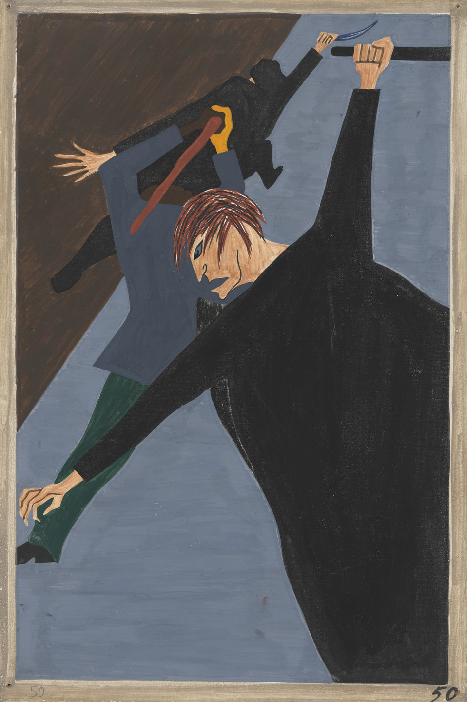 The image depicts a figural composition with two individuals in dynamic motion against a background divided into dark brown and light blue sections. The predominant colors are black, brown, blue, green, and flesh tones. This is an AI generated description. To give feedback, email ai@moma.org.