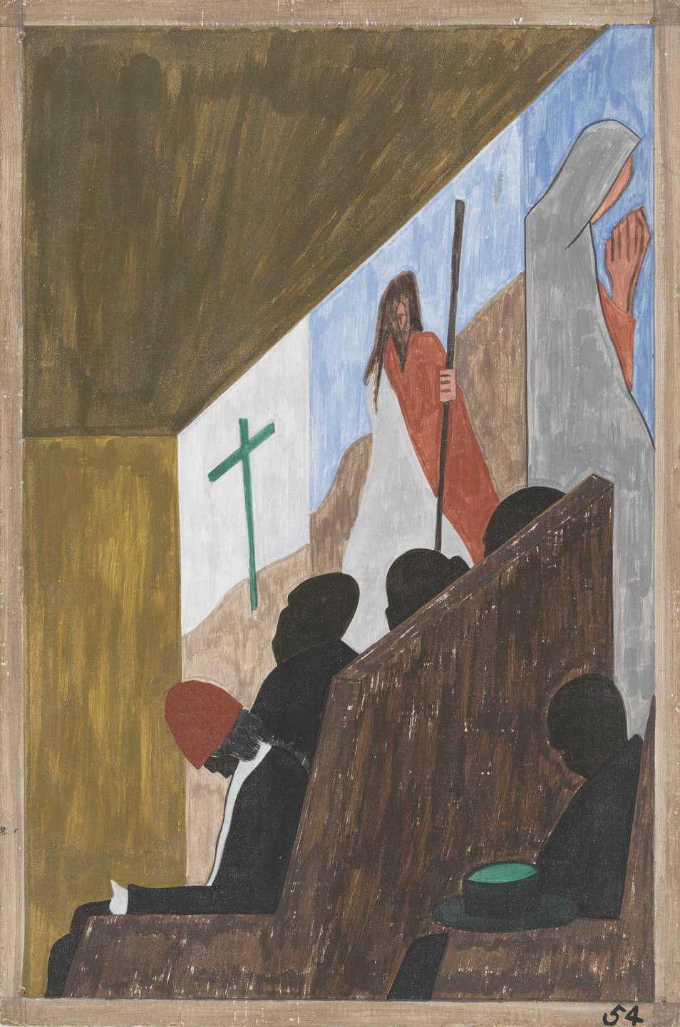 The painting shows shadowy figures seated on wooden pews with a person in white and red holding a staff in the background. Predominant colors include brown, blue, green, white, and red. This is an AI generated description. To give feedback, email ai@moma.org.