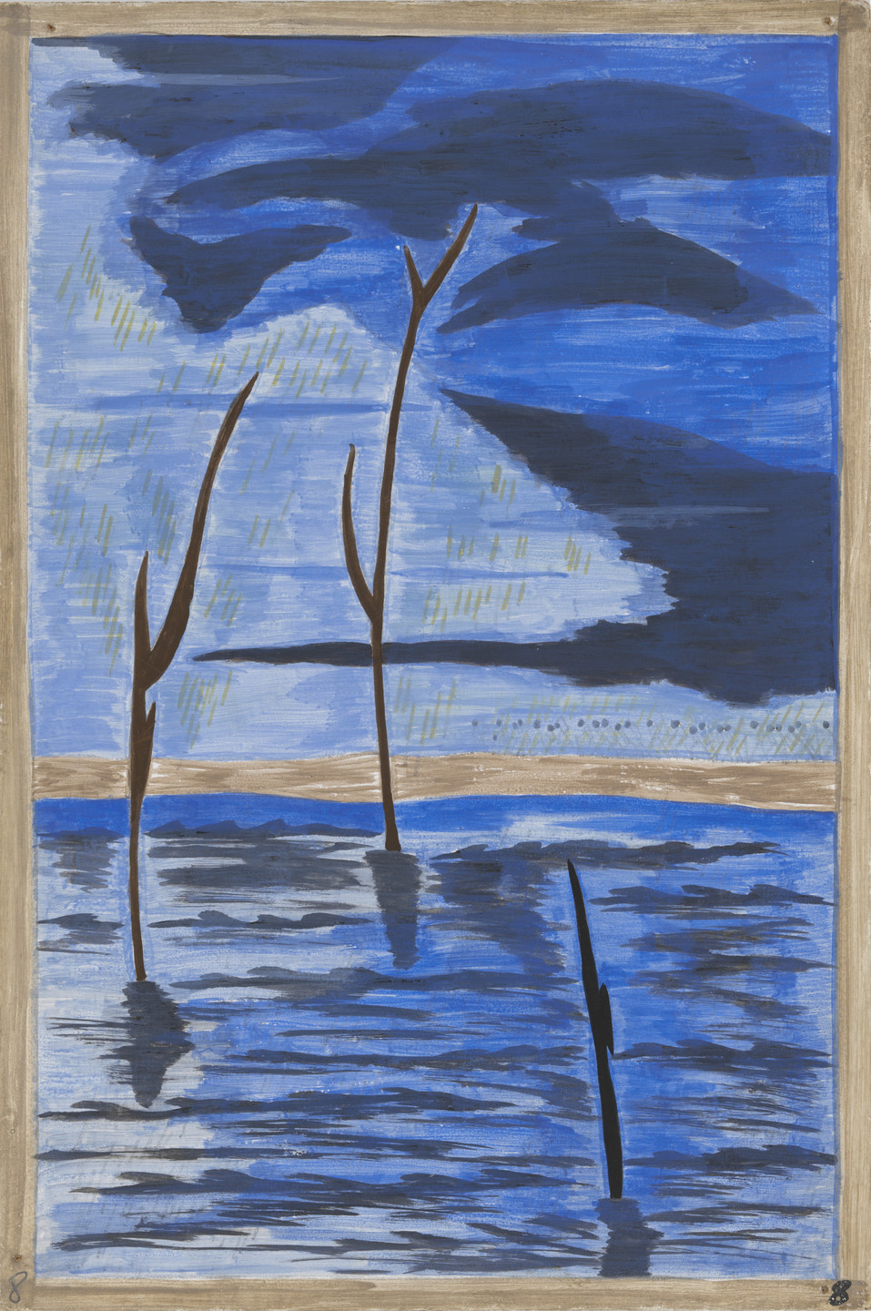 The image depicts two brown tree trunks and a branch emerging from blue water with dark blue reflections. The background consists of various shades of blue and beige horizontal lines. This is an AI generated description. To give feedback, email ai@moma.org.